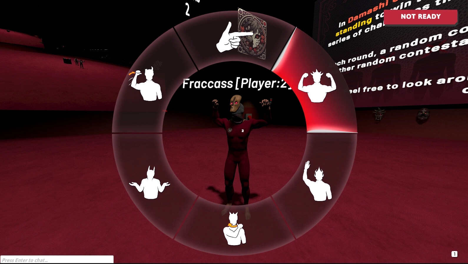 Damashi Game: Character Fracass in red arena with gesture selection wheel and "Not Ready" button