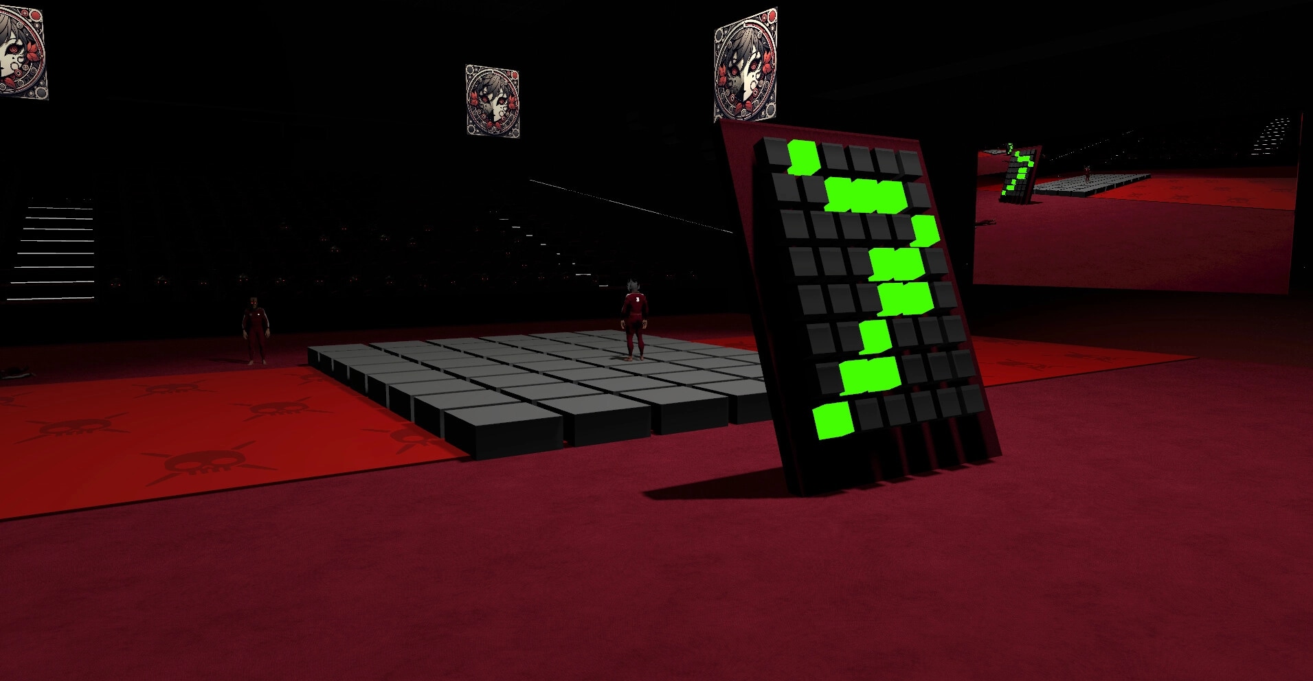Damashi Game: Character stands on a grid platform with neon green puzzle screen in dark arena setting.