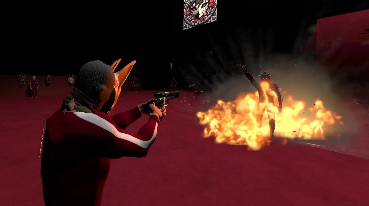 Damashi Game: Player in animal mask aiming pistol at fiery enemy in dark arena setting