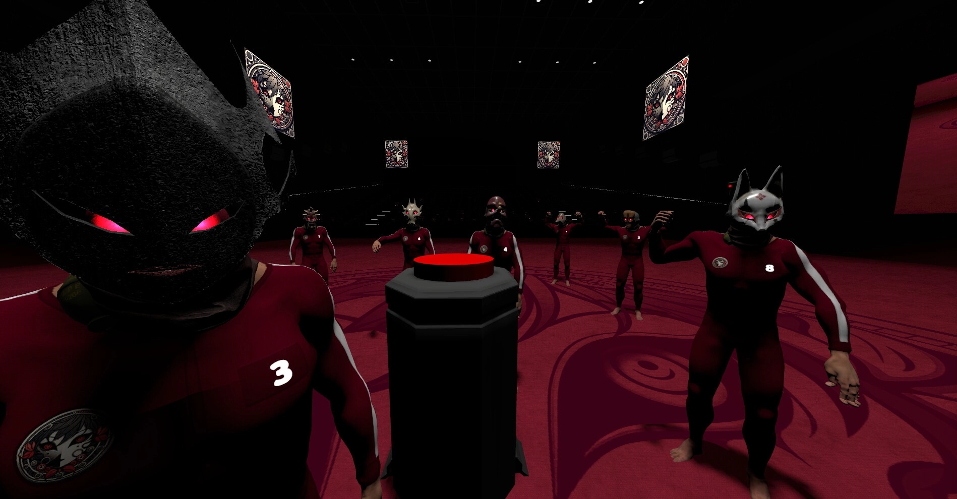 Damashi Game: Masked characters in arena surrounding a central red button in dimly lit stadium.