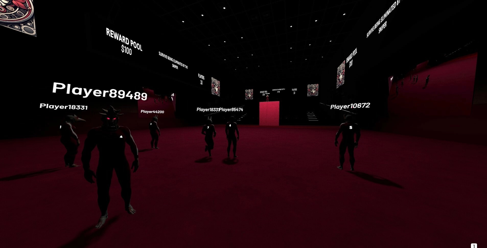 Damashi Game: Players with usernames gather in a dark arena with a red floor, competing for reward pool.