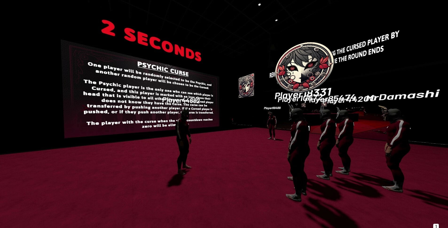 Damashi Game: Players gather in a dark room, reading psychic curse rules on a large screen countdown timer.