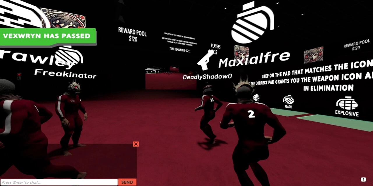 Damashi Game: Players in numbered suits navigate red arena with large weapon icons and reward pool display
