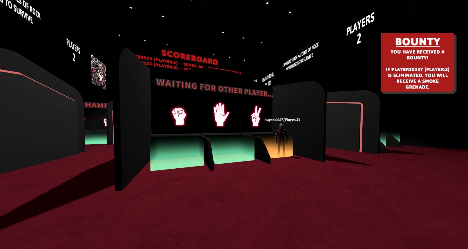 Damashi Game: Player20227 stands in a dark arena with a scoreboard and bounty message visible