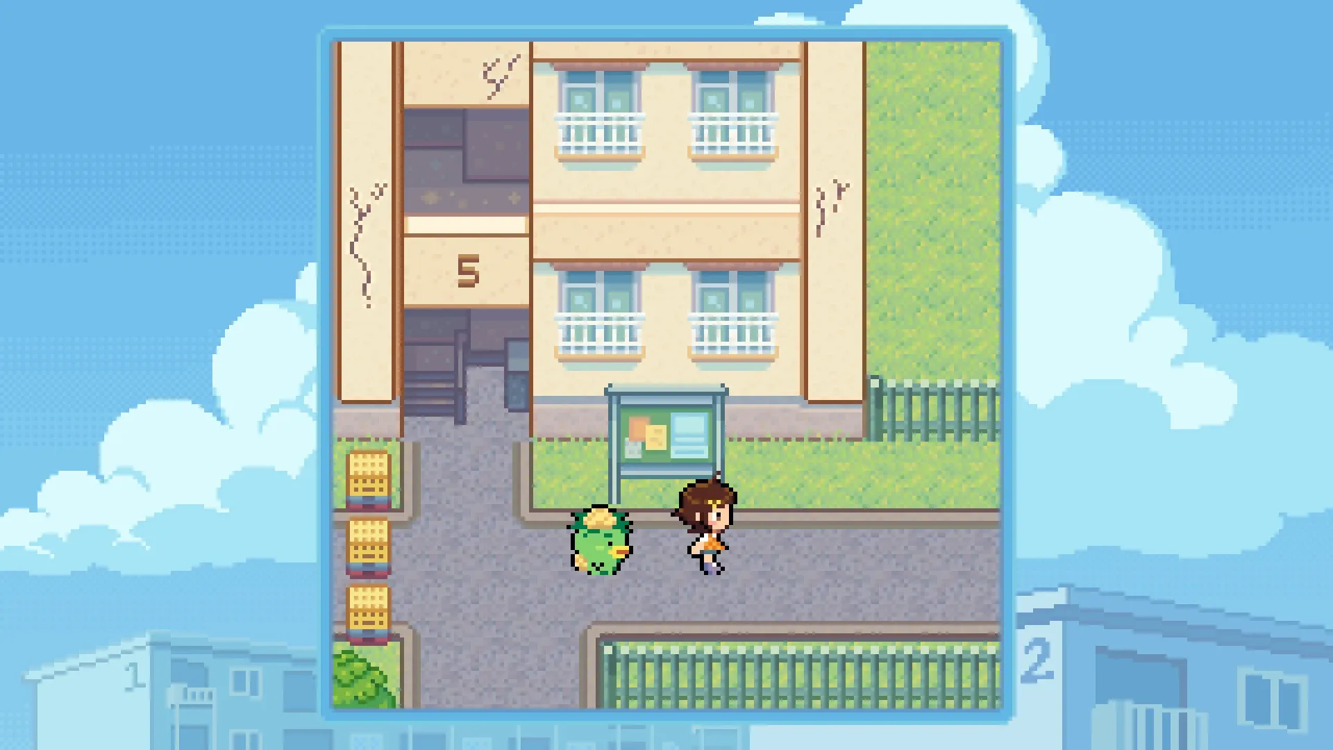 Danchi Days: Hoshino walks with a green creature past apartment building five in a sunny neighborhood.