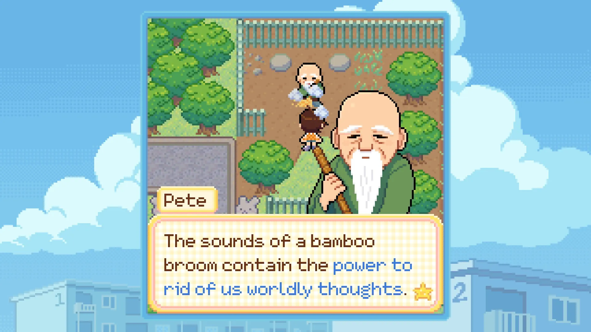 Danchi Days: Pete shares wisdom with Hoshino in a pixel art garden, surrounded by trees and fences.