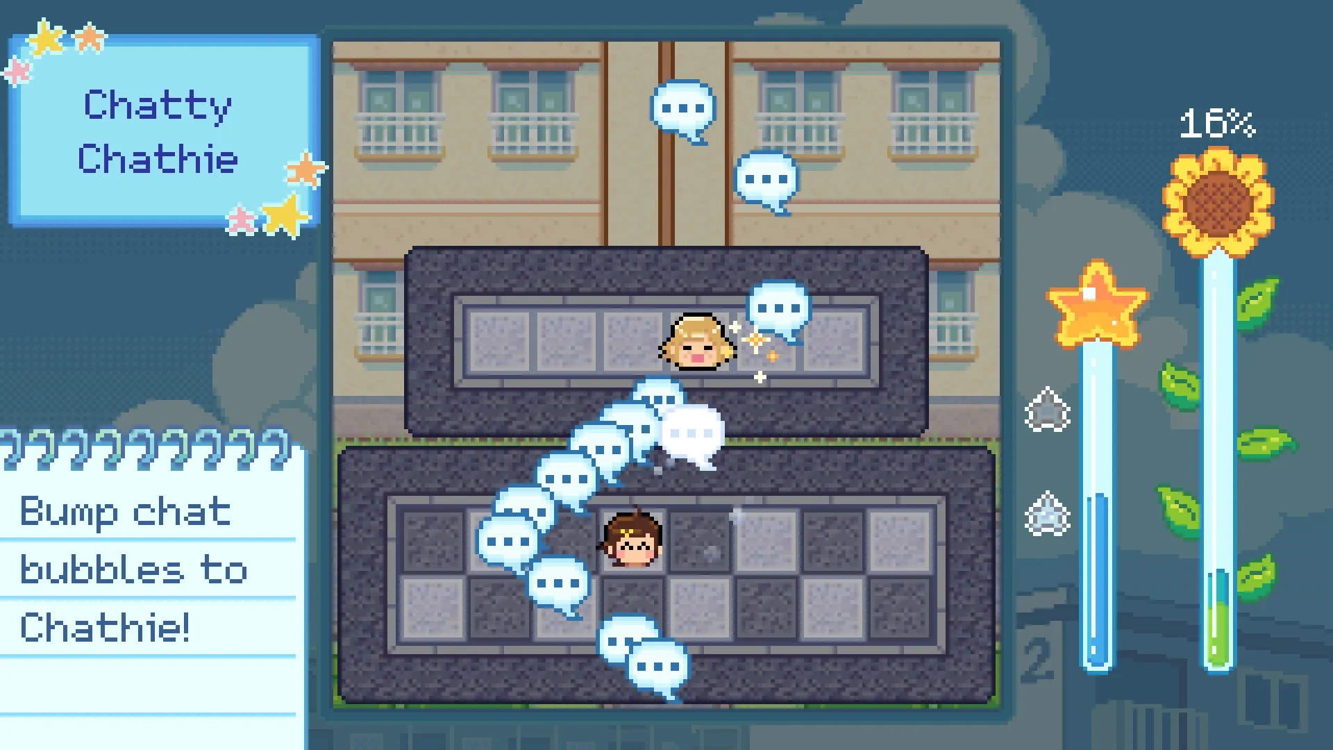 Danchi Days: Hoshino bumps chat bubbles to Chatty Chathie in an apartment building minigame interface