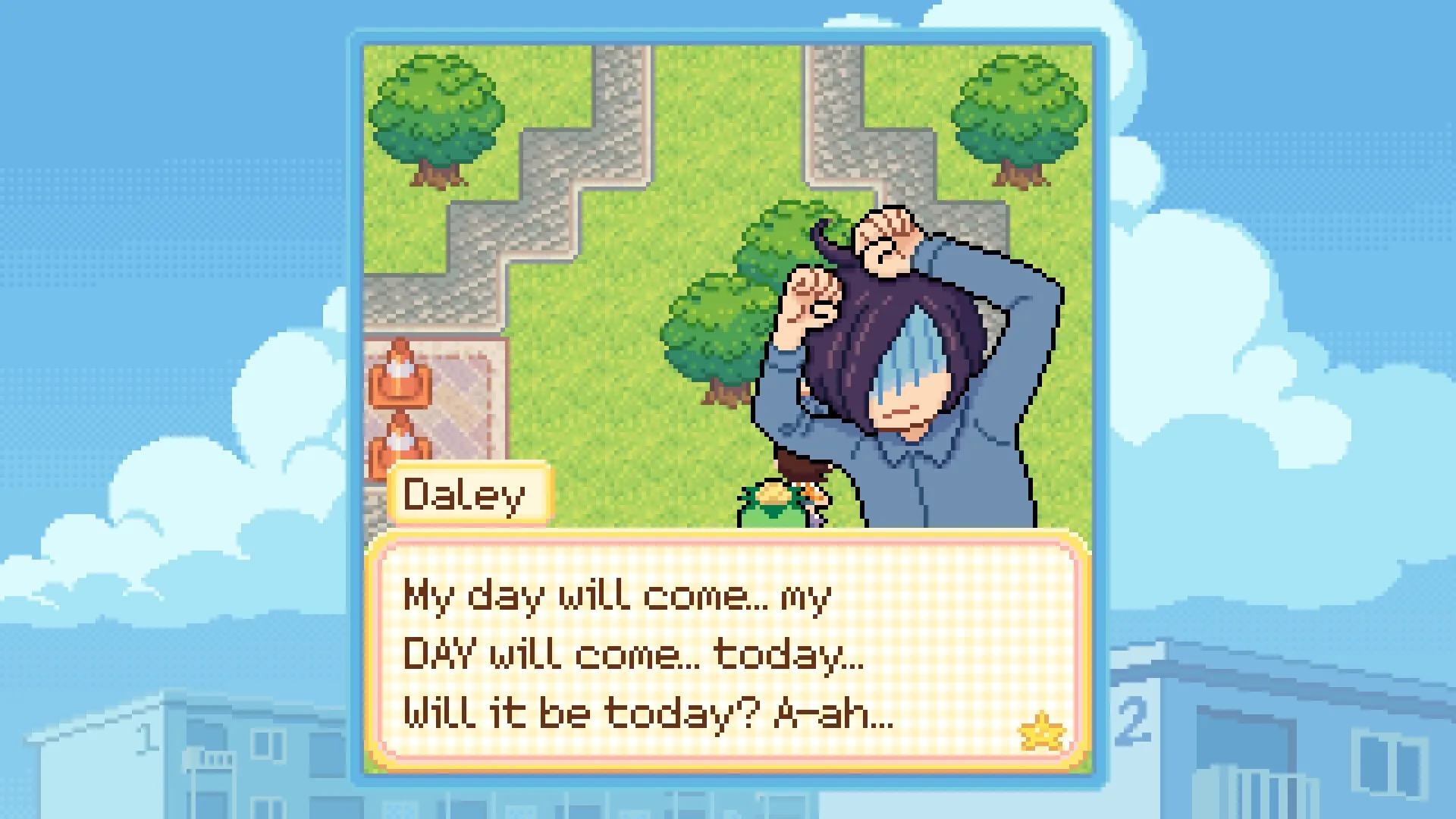 Danchi Days: Daley raises fists triumphantly in a lush neighborhood with trees and winding paths.