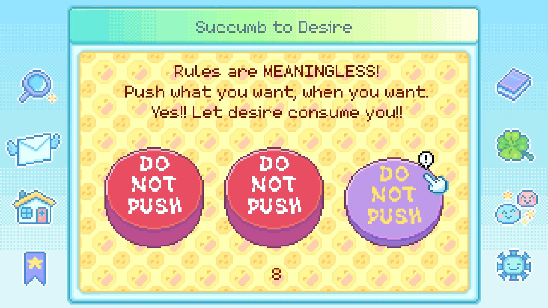 Danchi Days: Interactive challenge with "Do Not Push" buttons and playful icons on a colorful interface.
