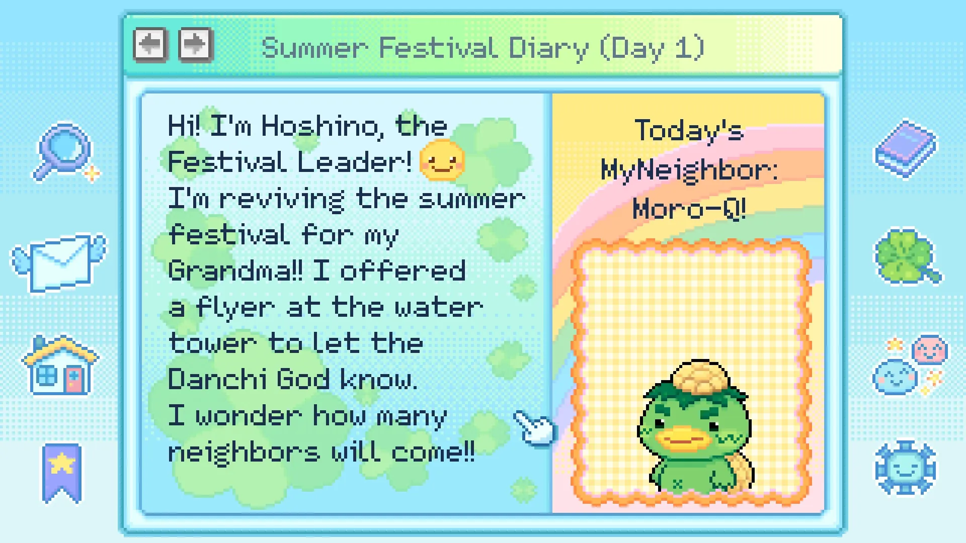 Danchi Days: Festival diary entry by Hoshino and neighbor introduction of Moro-Q in pixel art style