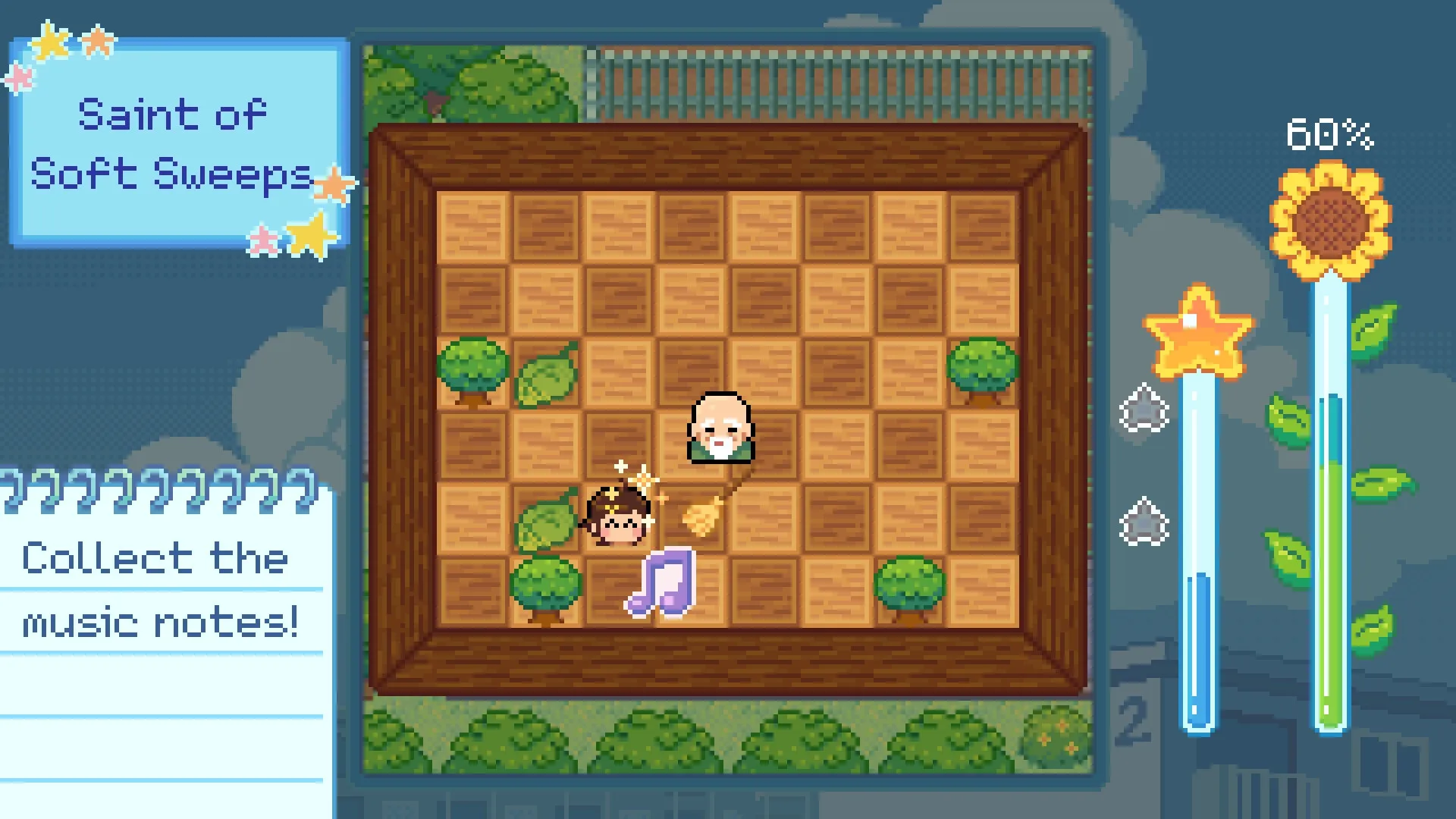 Danchi Days: Hoshino collects music notes in a grid with bushes, guided by a character named Saint.