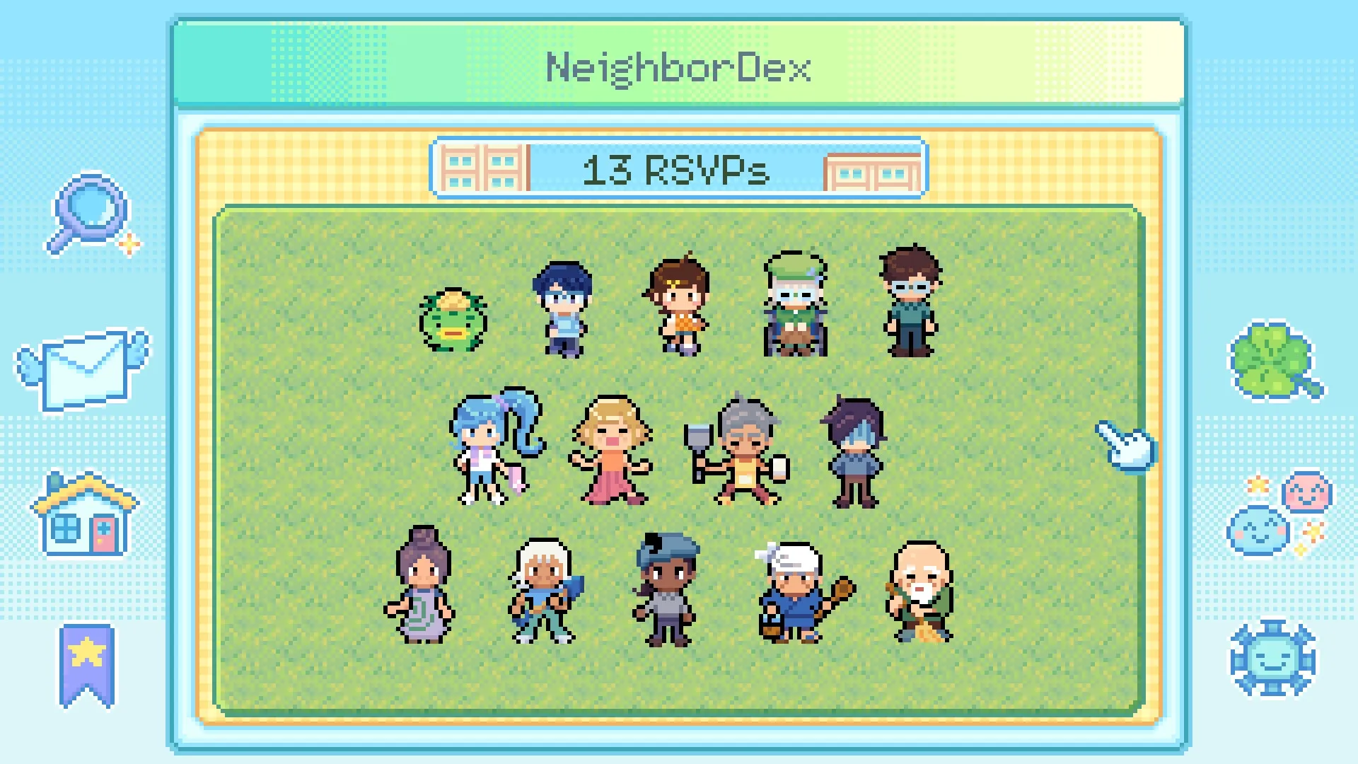 Danchi Days: NeighborDex displaying 13 RSVPs with various pixel art characters in a digital menu setting.