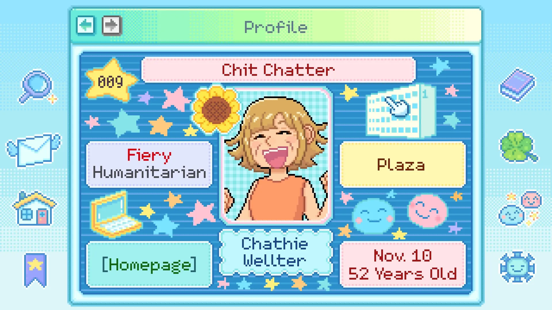 Danchi Days: Character profile of Chatty Wellter with various icons and colorful starry background
