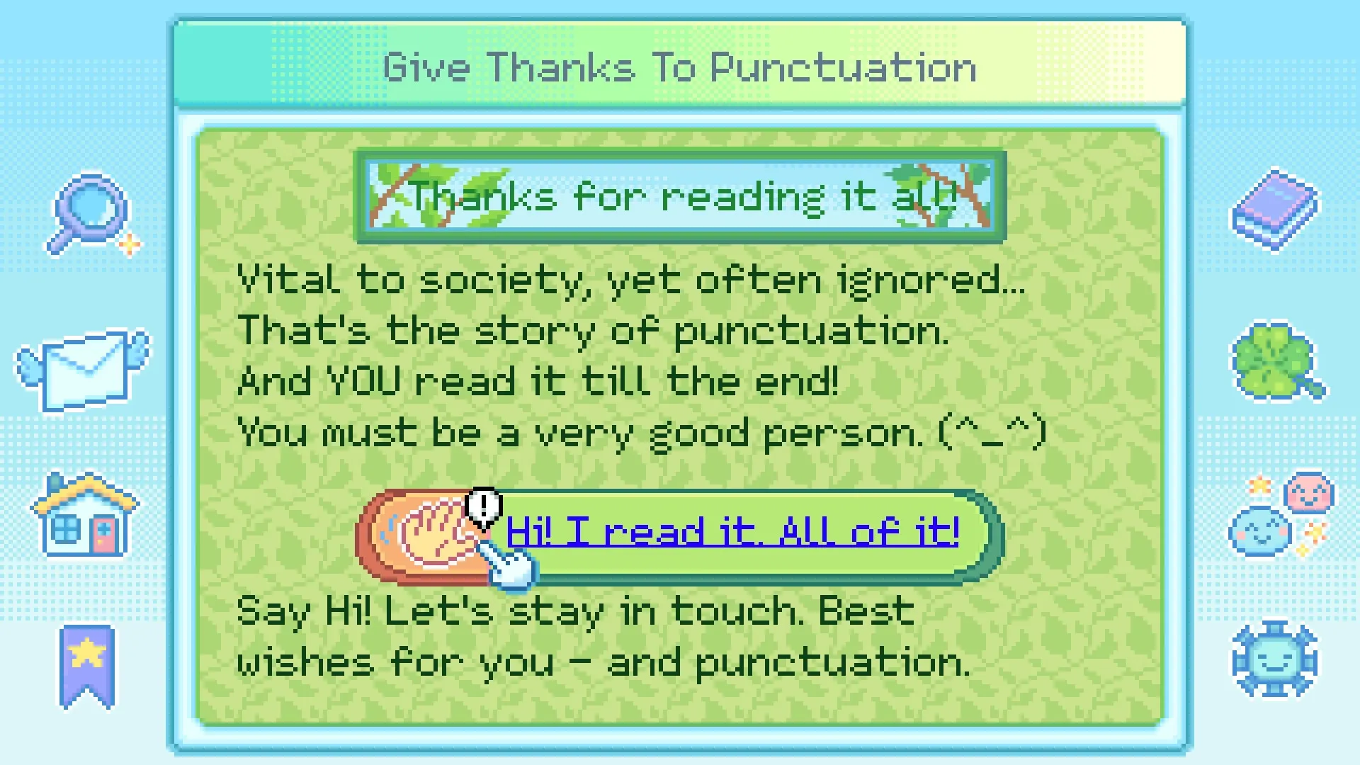 Danchi Days: Interactive message screen about punctuation with playful icons on a patterned background
