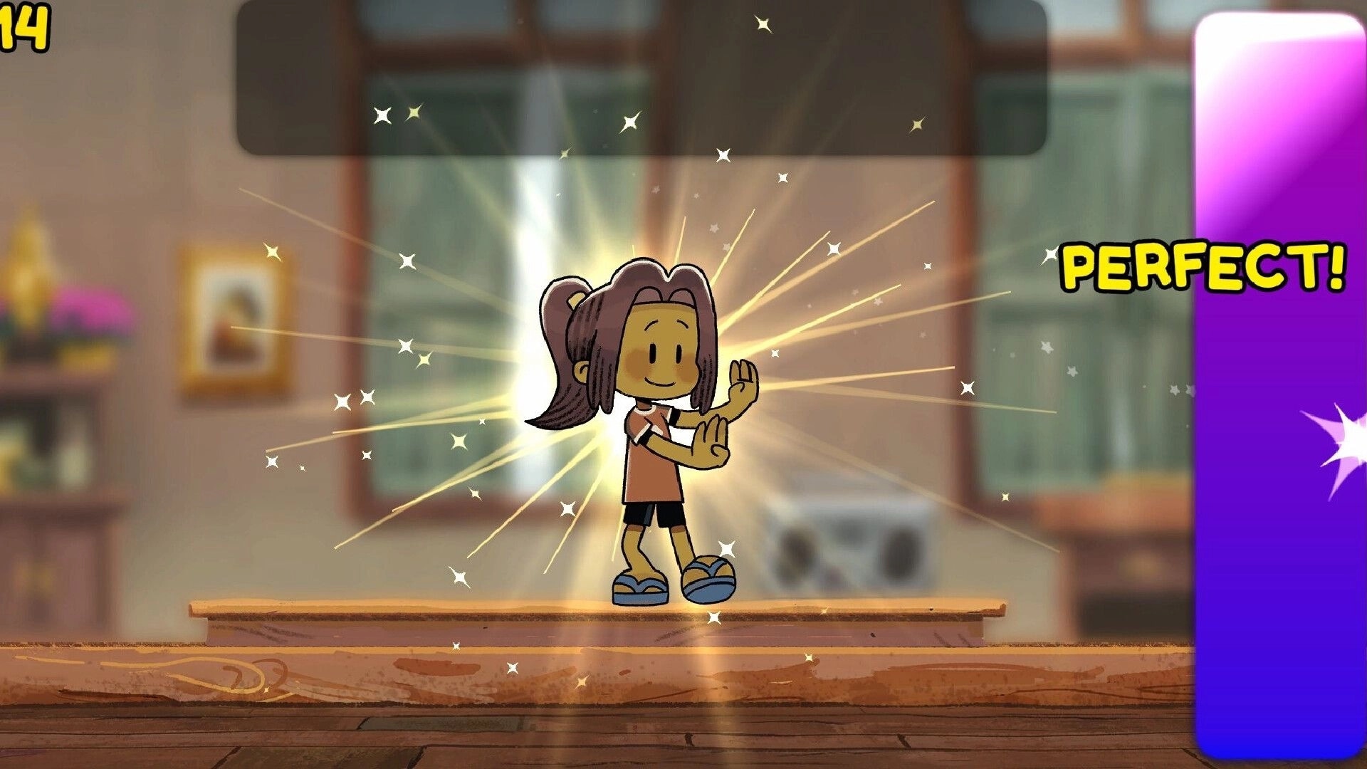 Dancing with Ghosts: Young girl dancing joyfully in living room with sparkles and "Perfect!" on screen