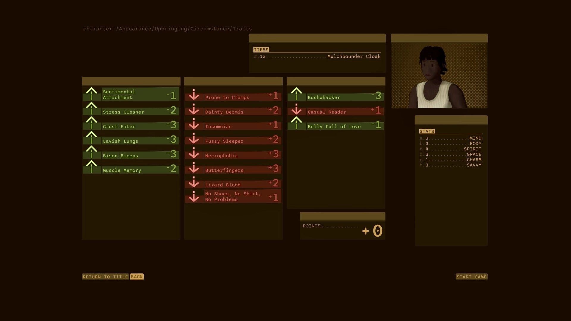Dandelion Void: Character creation traits and stats menu with portrait, items, and Start Game button.