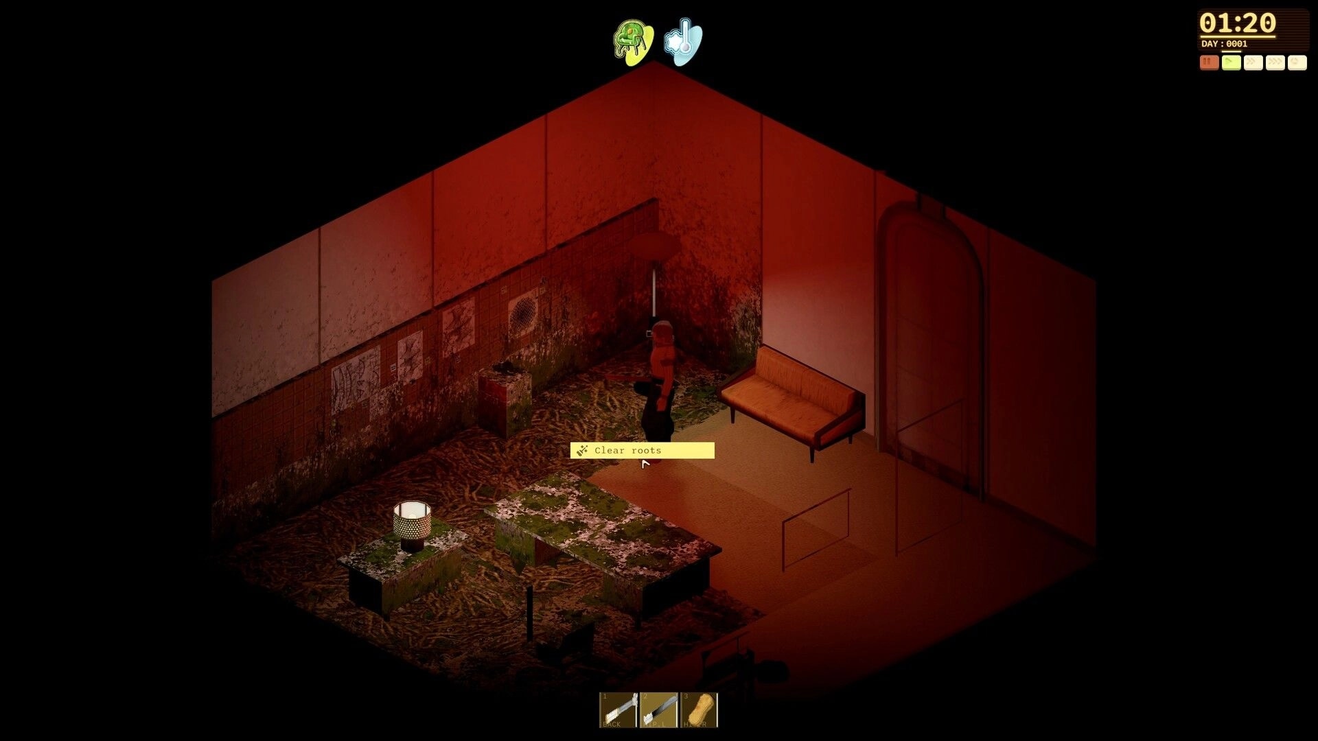 Dandelion Void: Player clears roots in a red-lit room with bench, table, and time/day HUD visible.
