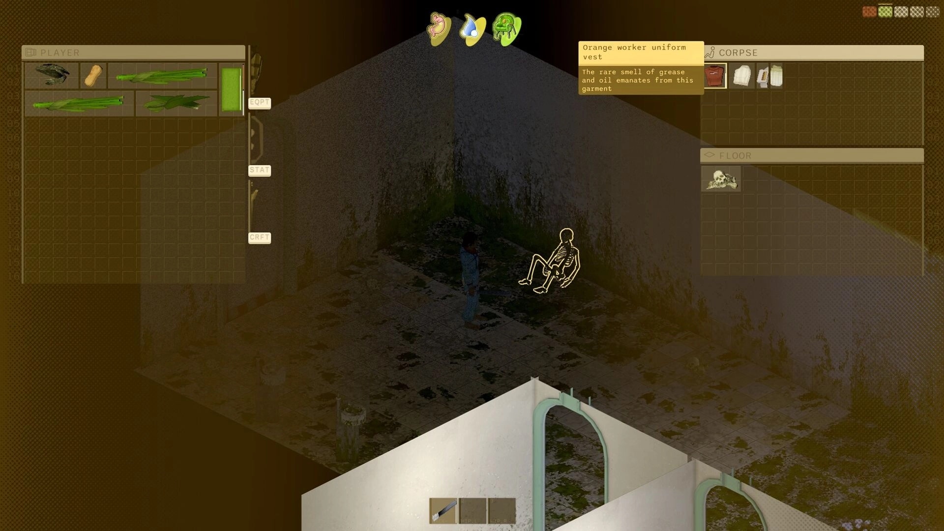 Dandelion Void: Looting a corpse via inventory UI in a dim, mossy corridor room on the arkship.