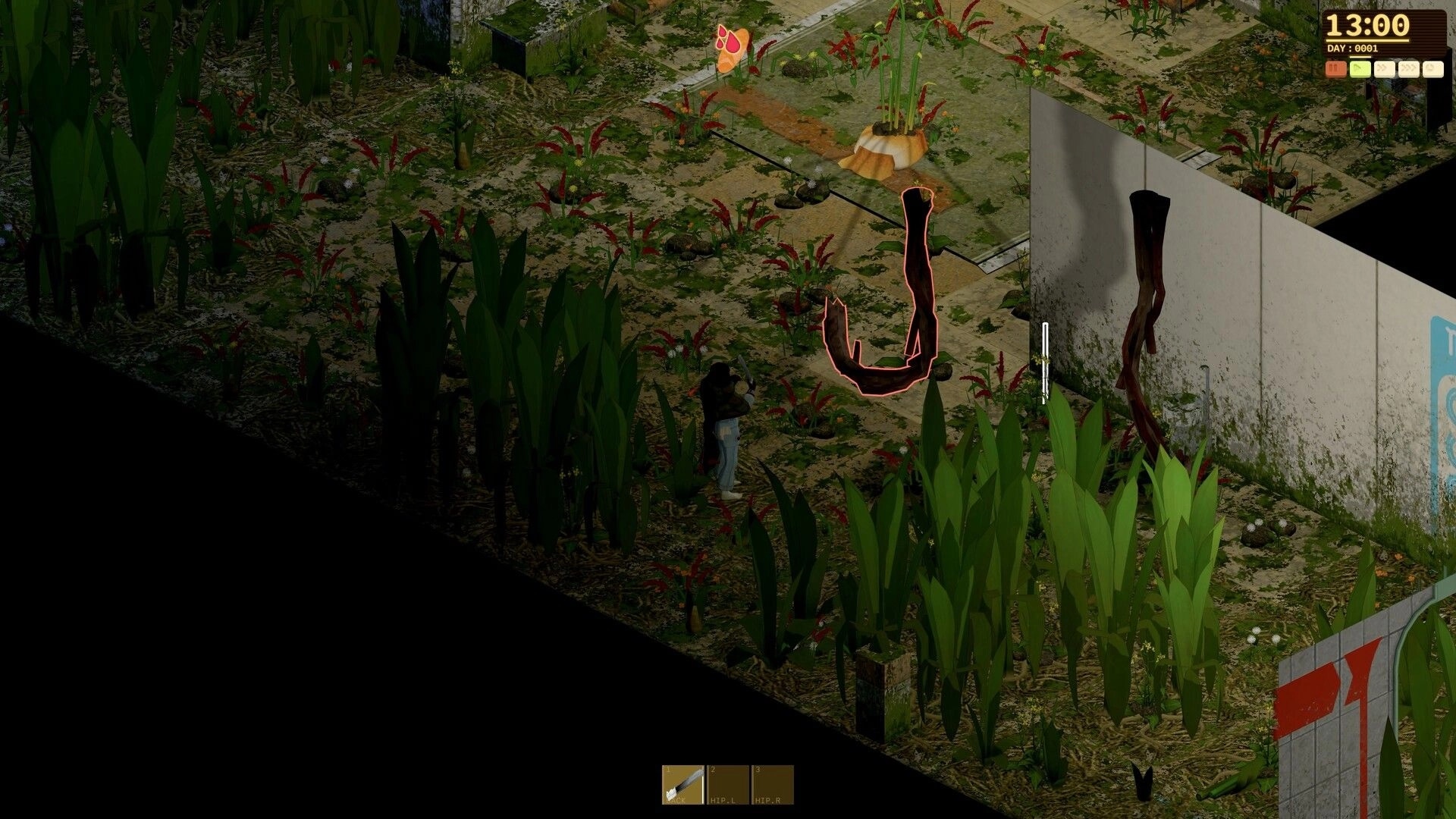 Dandelion Void: Survivor aims weapon at glowing tendril enemy in overgrown corridor, clock HUD visible.