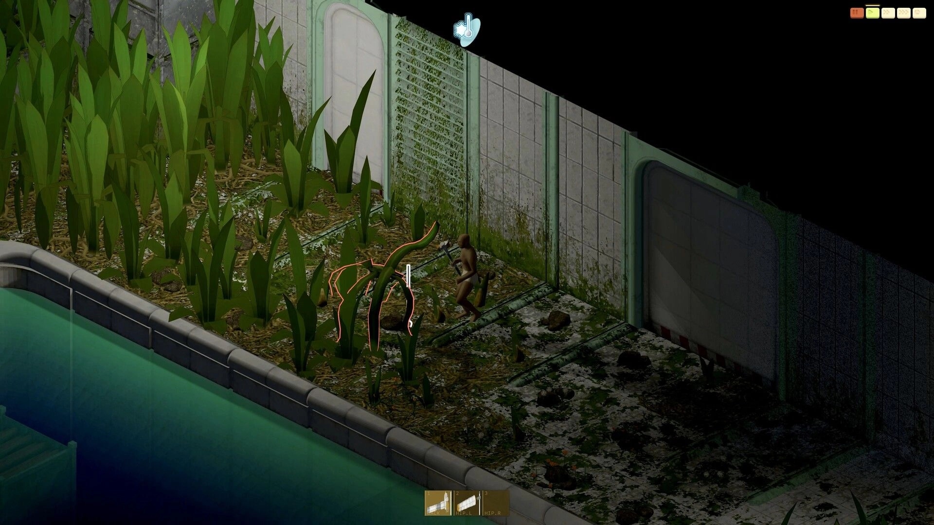 Dandelion Void: Player approaches an outlined plant in overgrown tiled corridor beside a water pool UI visible.