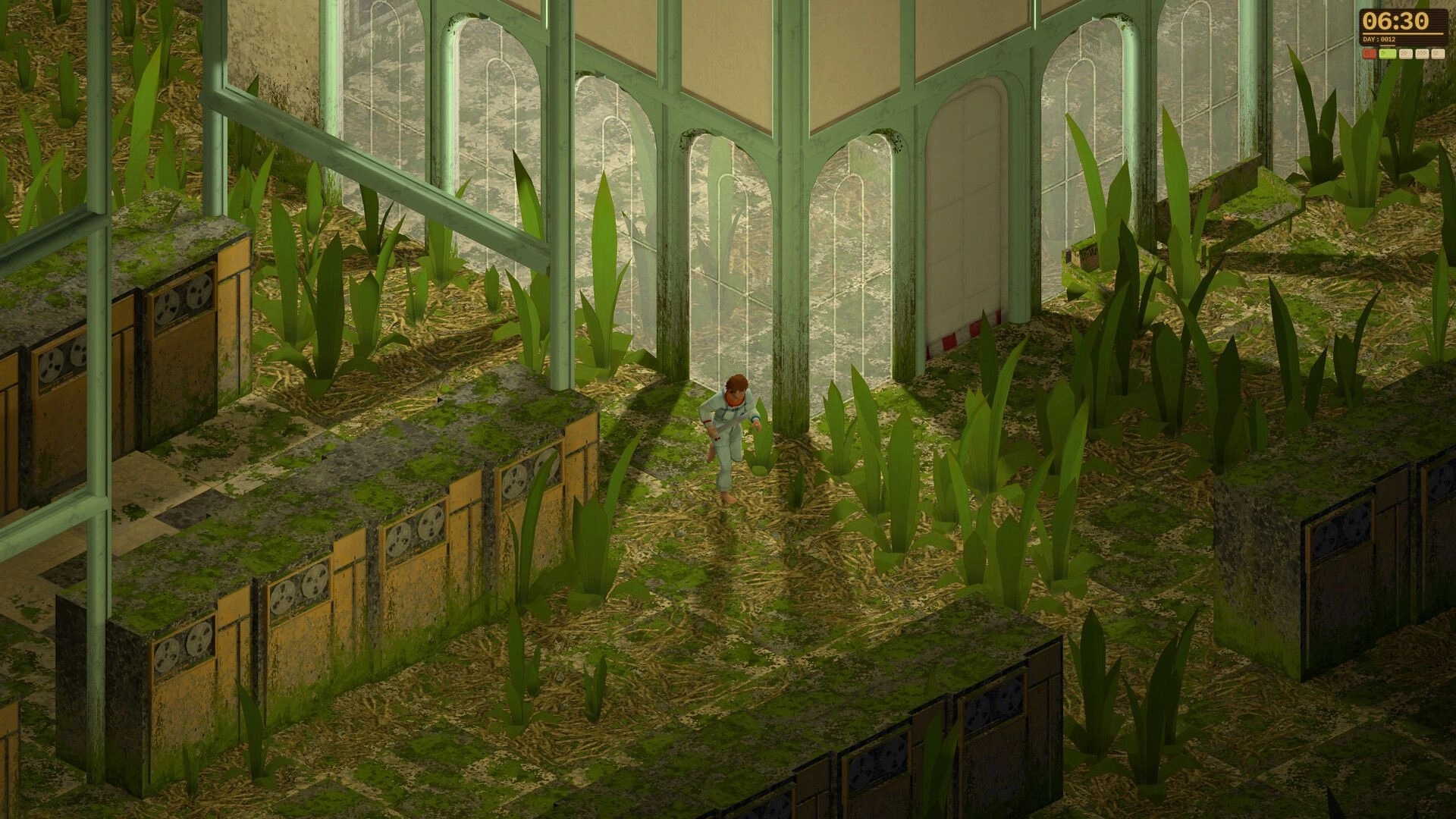 Dandelion Void: Survivor walks through overgrown glass corridor, time and day UI in top-right HUD.