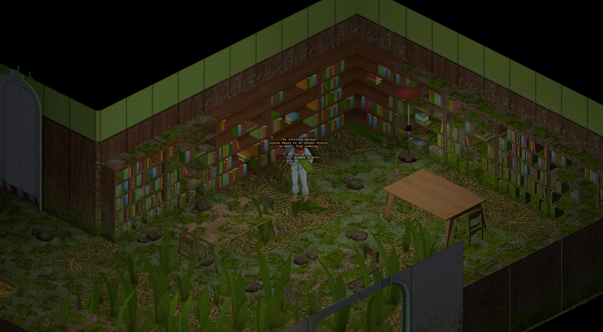 Dandelion Void: Player reads a note prompt in a mossy library room with shelves, table, lamp.