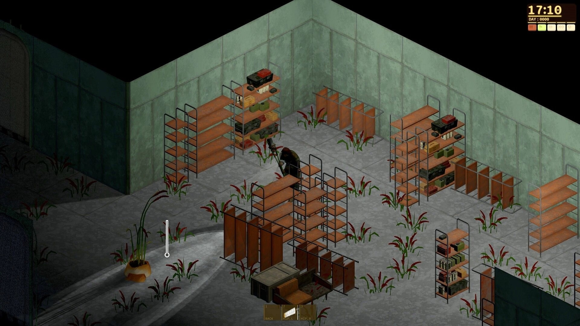 Dandelion Void: Player loots supply shelves in an overgrown storage room with time and day UI visible.