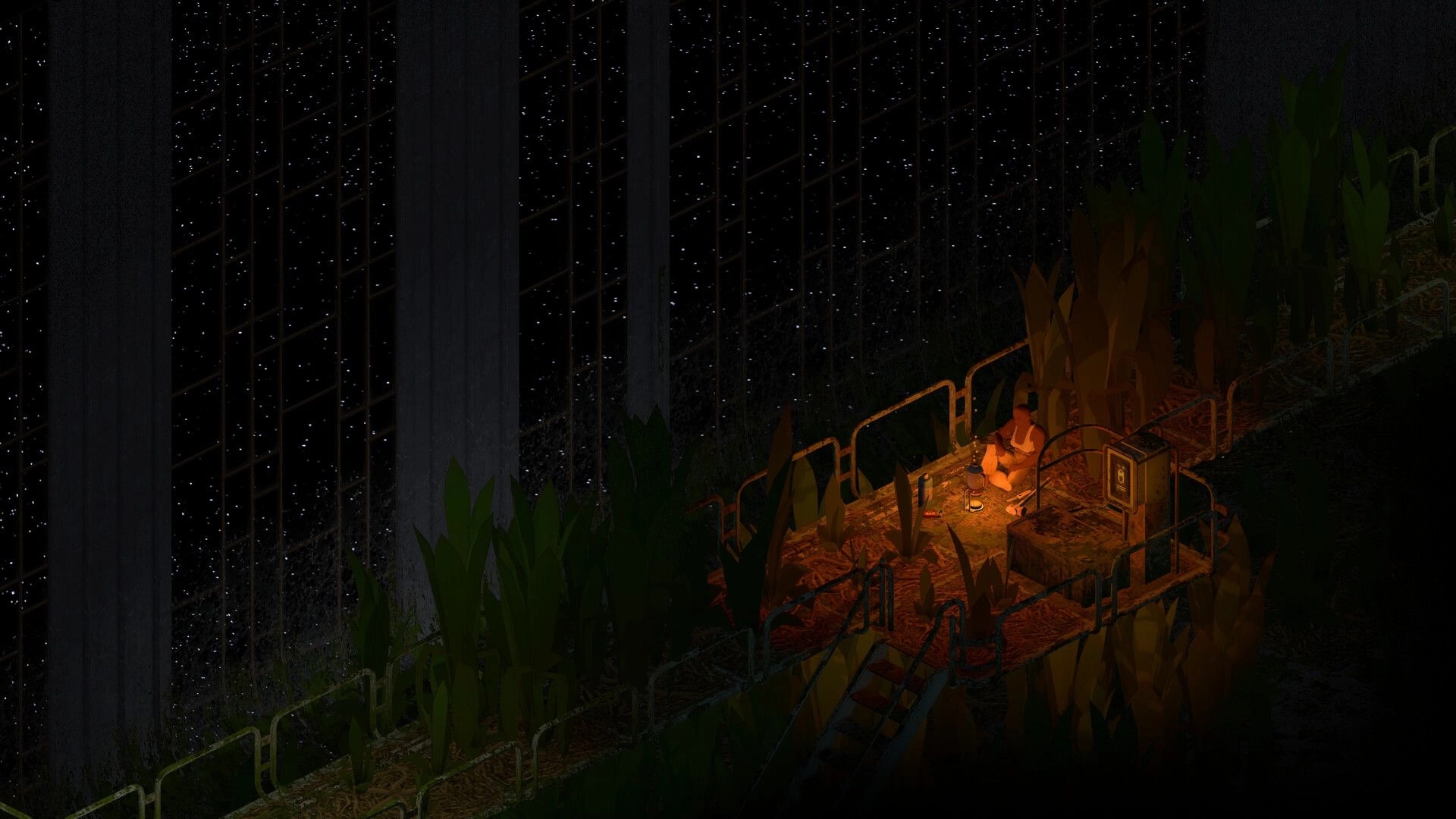 Dandelion Void: Survivor rests by a lantern on an overgrown catwalk beside a starry window wall.