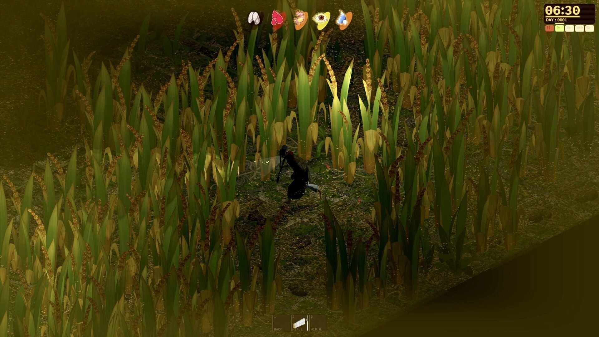 Dandelion Void: Player crouches with a rifle in tall grass field, HUD shows 06:30 and day 0001.
