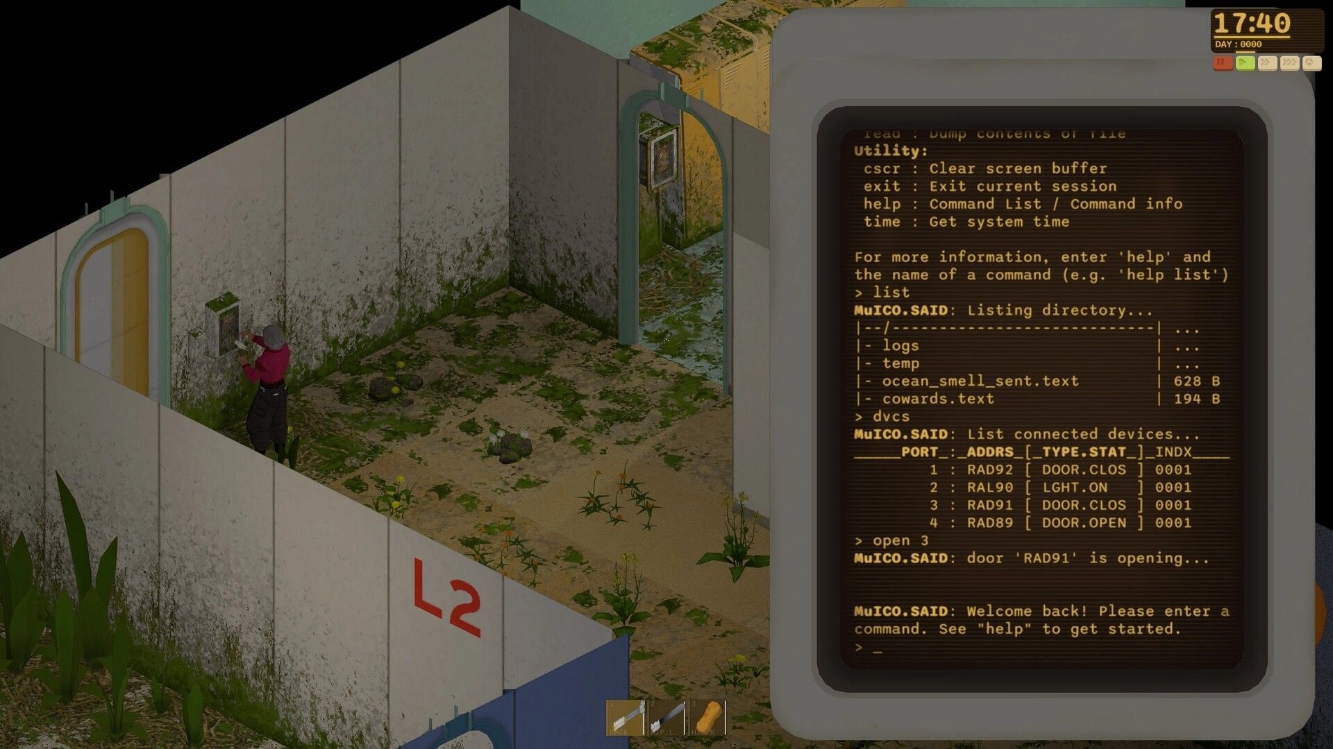 Dandelion Void: Player hacks a wall terminal in mossy L2 corridor, command console UI open on right.