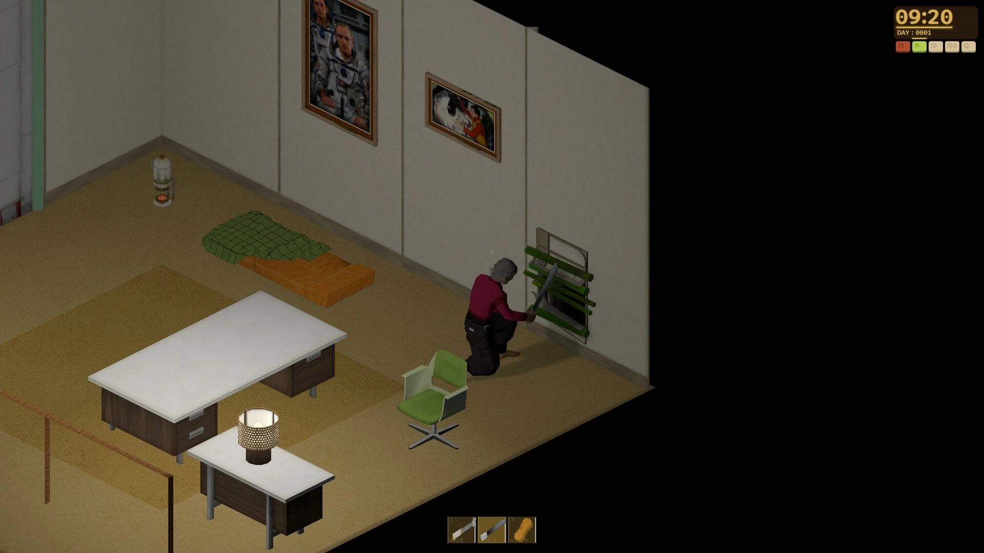 Dandelion Void: Player kneels to barricade a wall vent in a small room with bed, desk, and HUD clock.