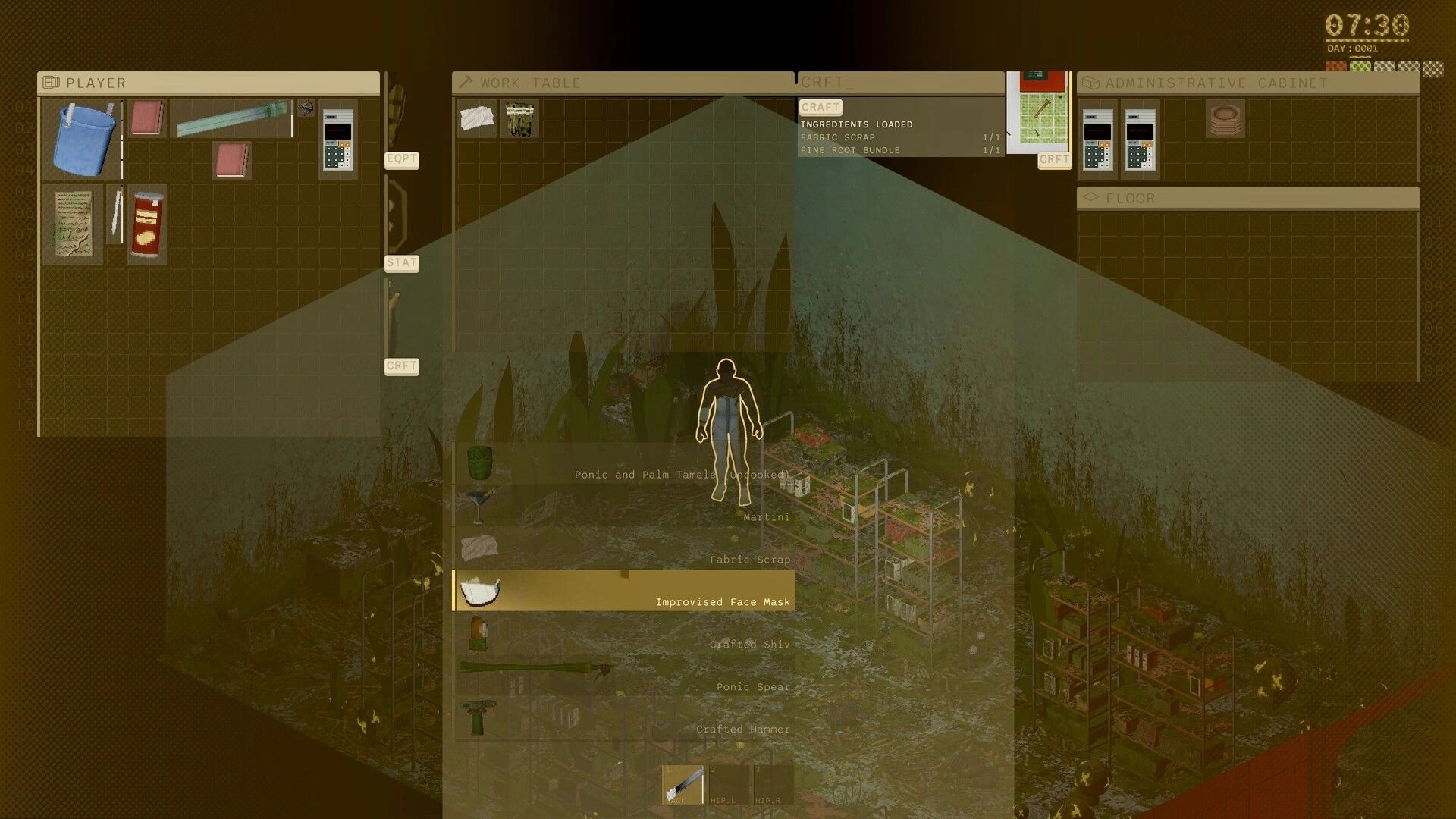 Dandelion Void: Crafting and inventory UI over survivor in overgrown room with work table and cabinets.