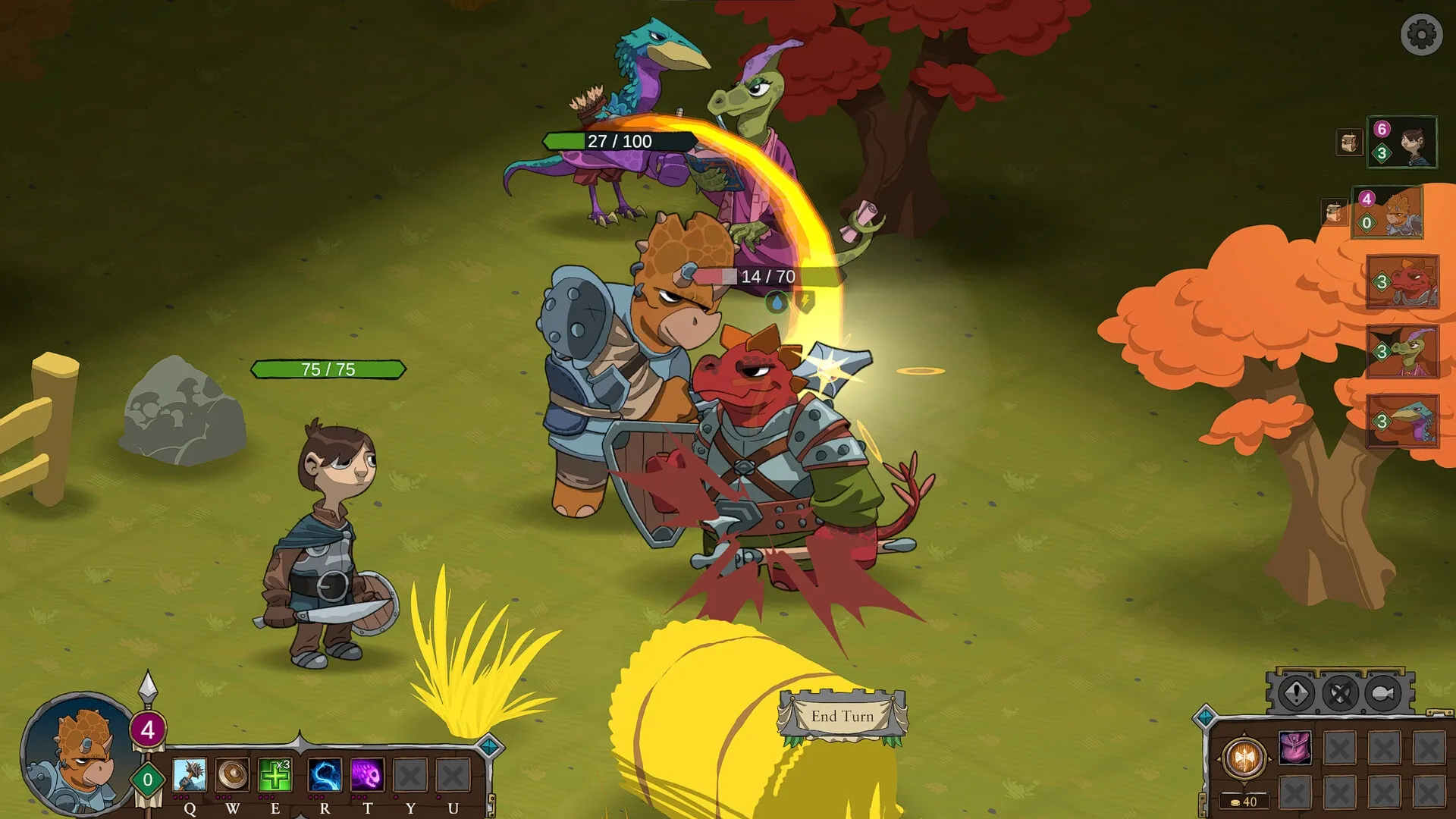 Dark Age Dinos: Dino knight attacks red enemy, health bars visible, in a forest battleground setting.