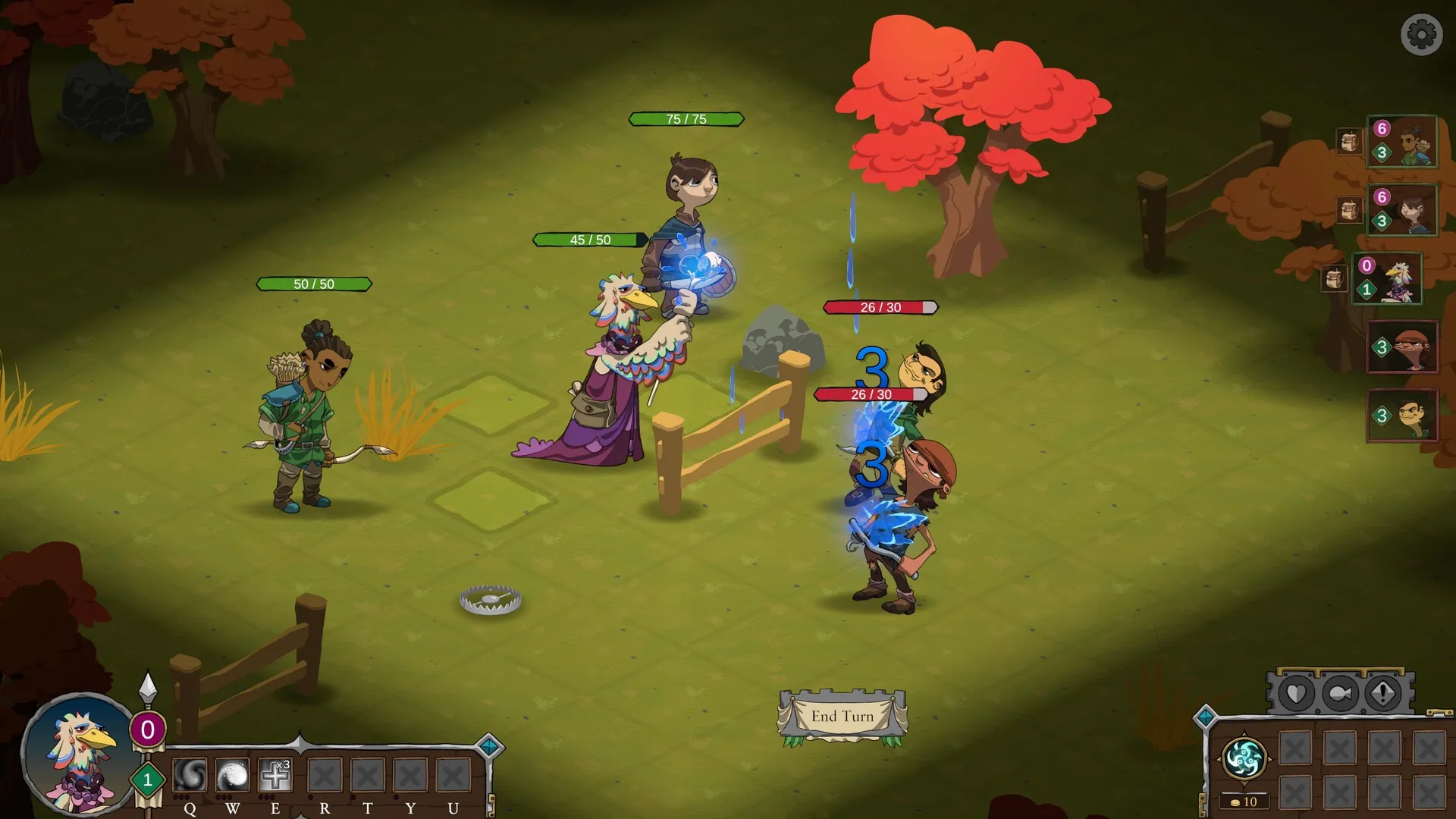 Dark Age Dinos: Tactical battle in forest clearing with characters using magic and health bars visible