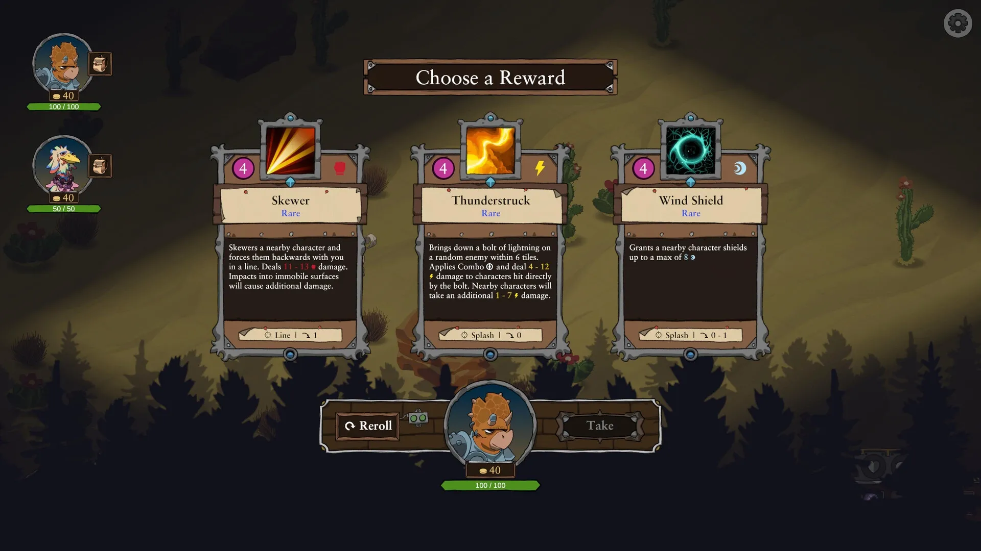 Dark Age Dinos: Reward selection screen with three ability cards in desert setting with character icons.