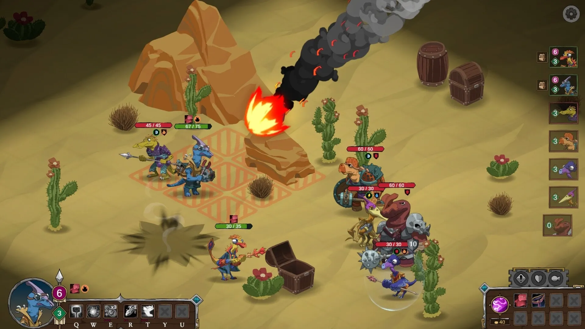 Dark Age Dinos: Dinosaur warriors in tactical battle in desert with UI showing stats and abilities