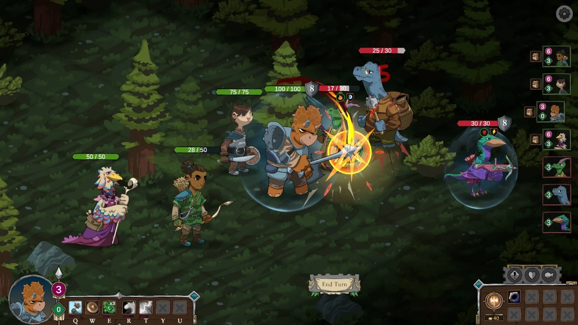 Dark Age Dinos: Dino warriors engage in forest battle with UI showing health bars and action menu