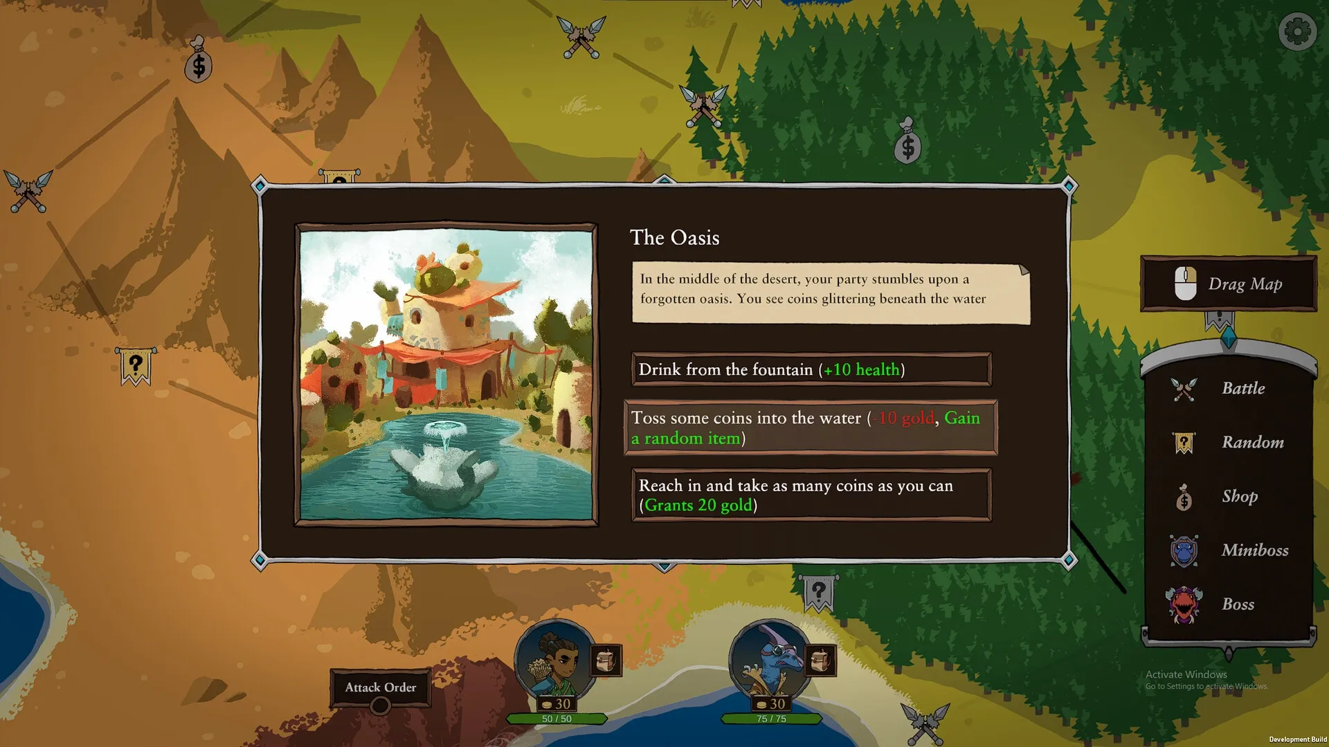 Dark Age Dinos: Oasis encounter options with health, gold decisions on desert map with menu icons visible