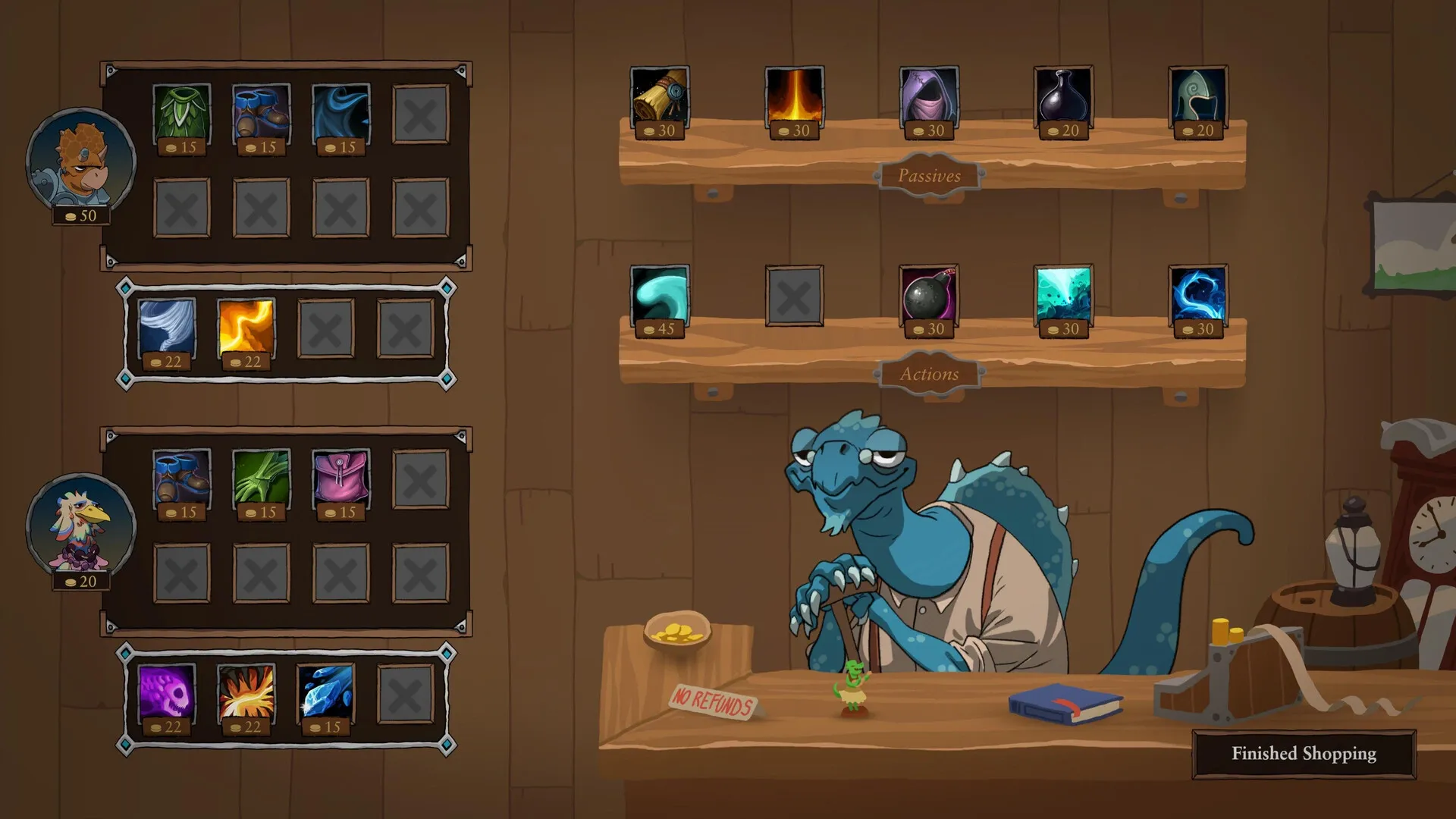 Dark Age Dinos: Dinosaur shopkeeper offers gear and abilities in medieval item shop setting