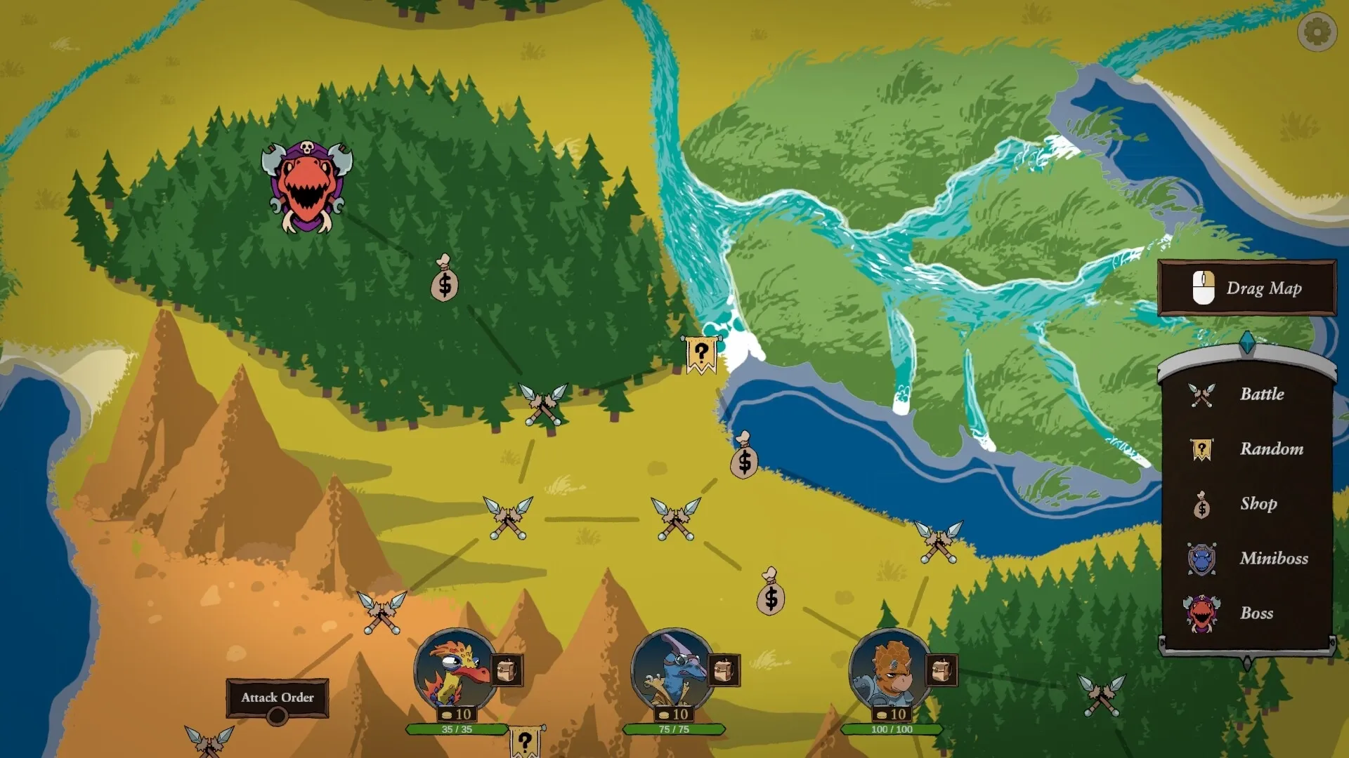Dark Age Dinos: Overhead map view with dinosaur icons and battle, shop, and boss options in forest.