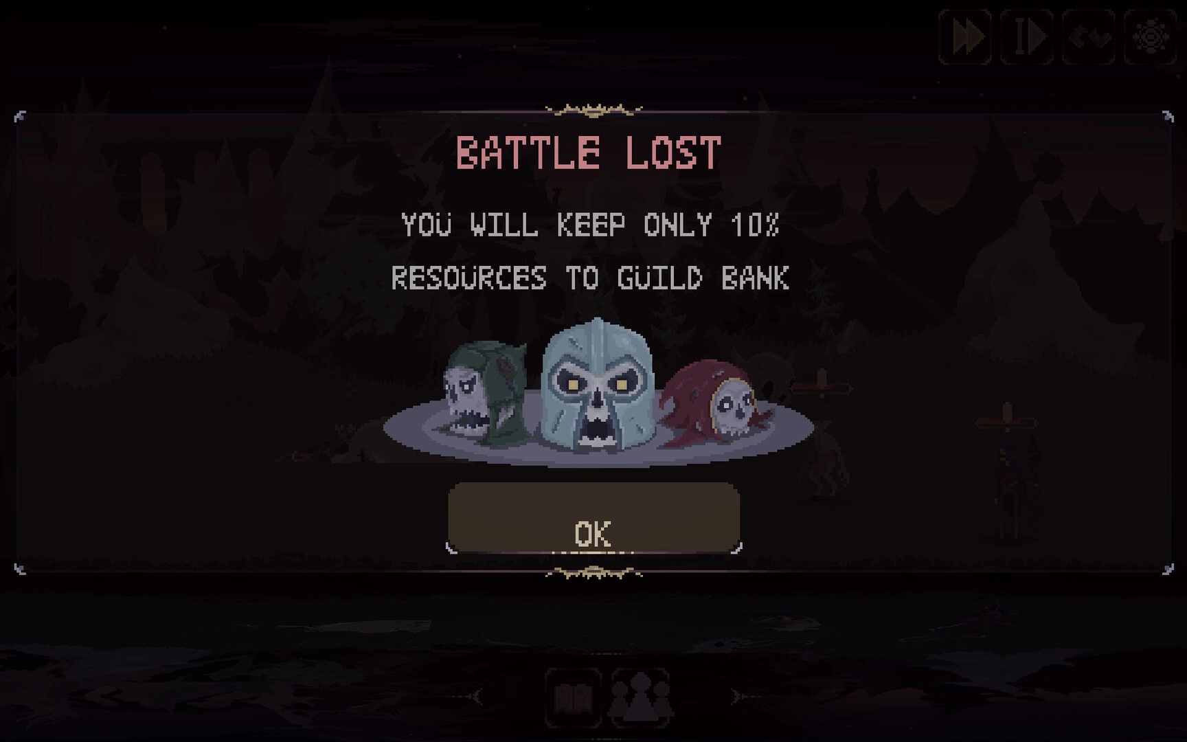Dark Avos: Battle Lost pop-up warns you keep 10% resources, skull icons over dark cave backdrop.