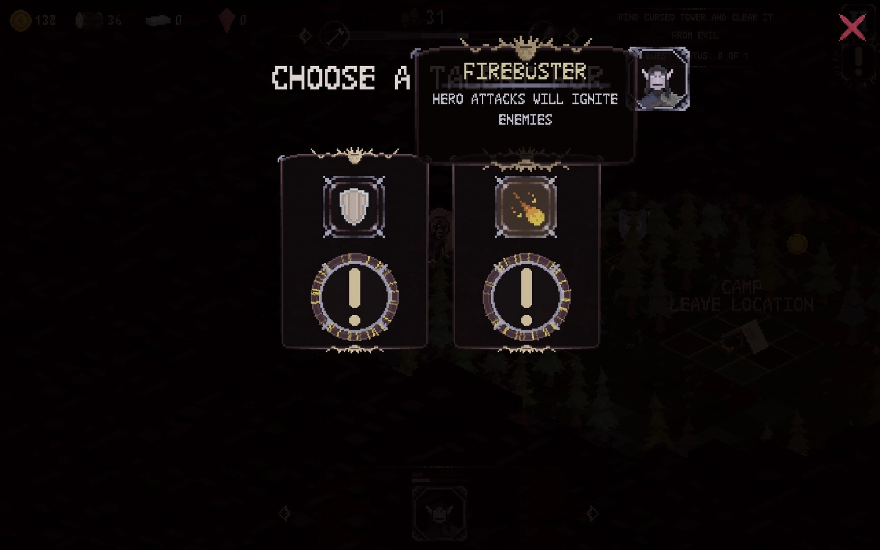 Dark Avos: Choose a Firebuster trait card as two perk options appear over a dim camp map UI.