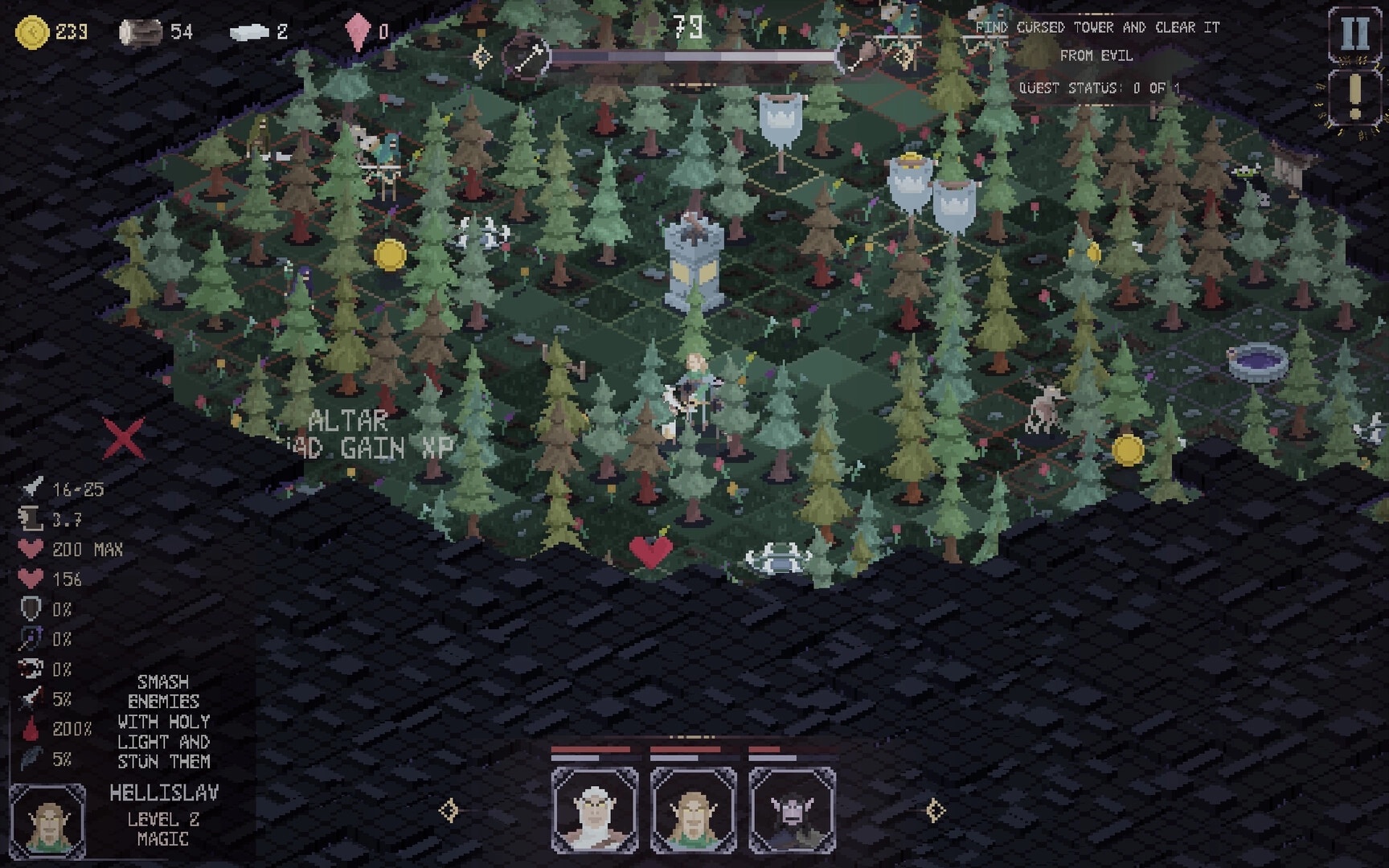 Dark Avos: Overworld forest map with party tokens, quest text, resources, and altar XP prompt UI.