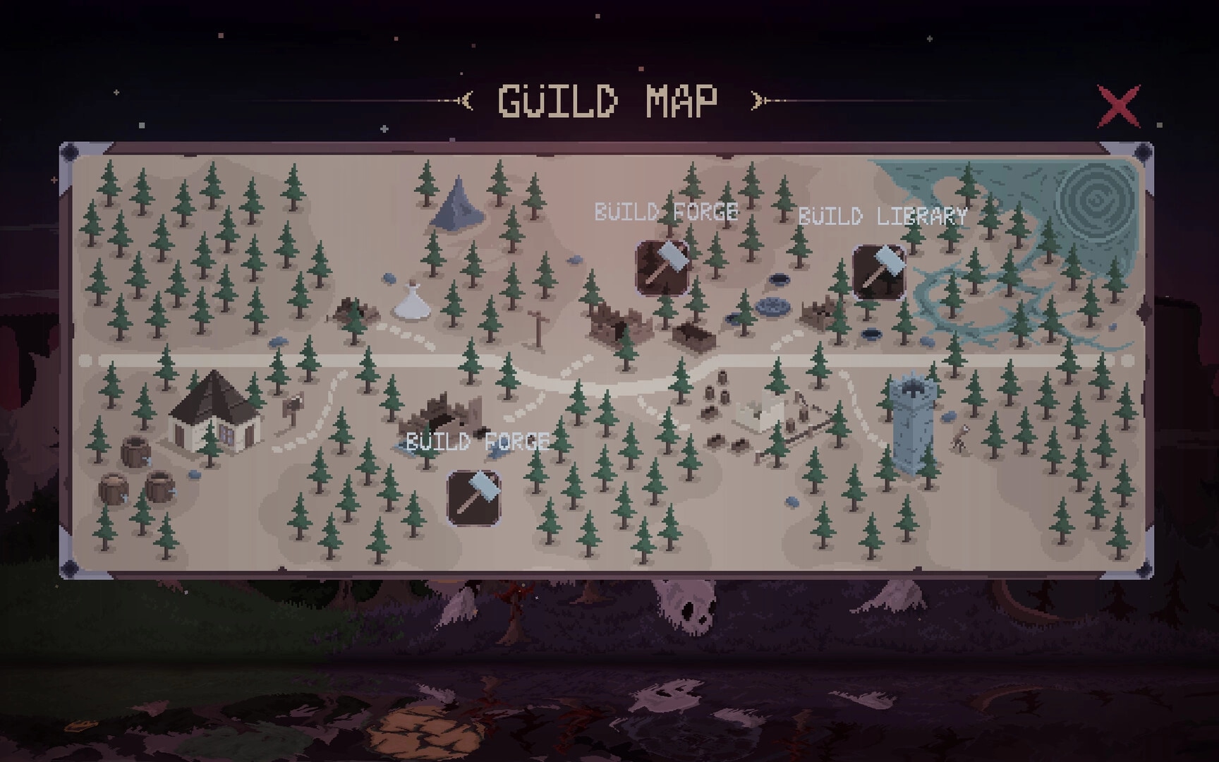 Dark Avos: Guild Map screen with build forge and build library icons over a forested camp map.