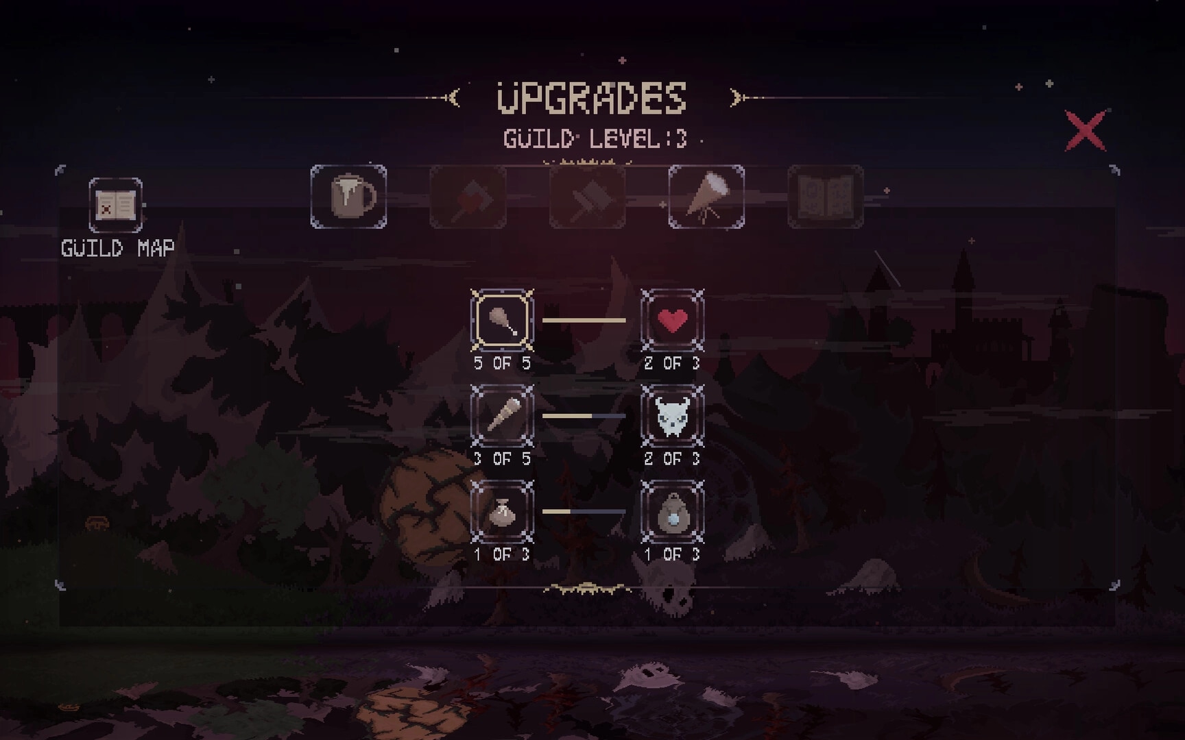 Dark Avos: Upgrades menu for Guild Level 3 with stat nodes over a dark forest map backdrop.