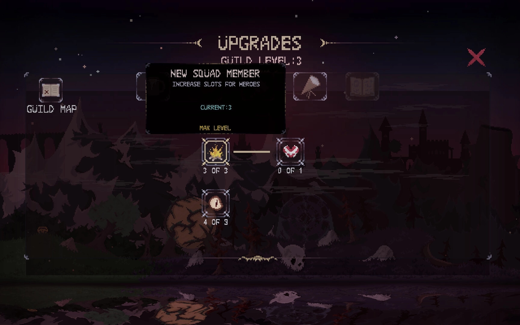 Dark Avos: Upgrades menu for New Squad Member, guild level 3, over a dark world map backdrop.