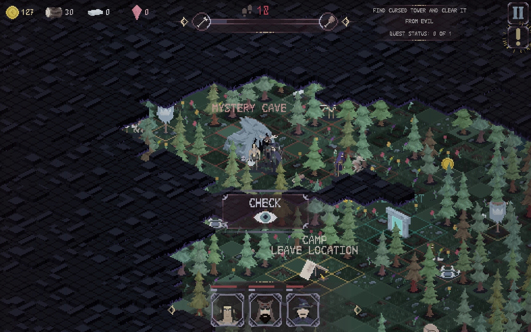 Dark Avos: Party on forest overworld map at Mystery Cave with Check prompt and quest UI visible.