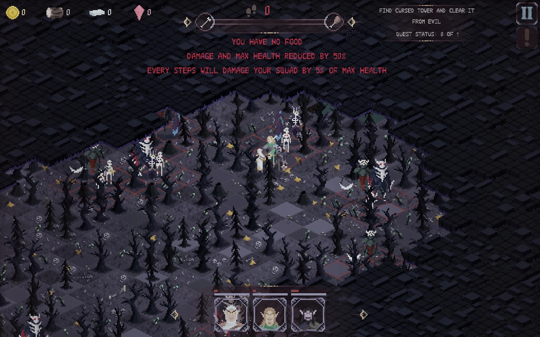 Dark Avos: Party explores dark forest map with skeletons, no food warning, quest text and portraits UI.