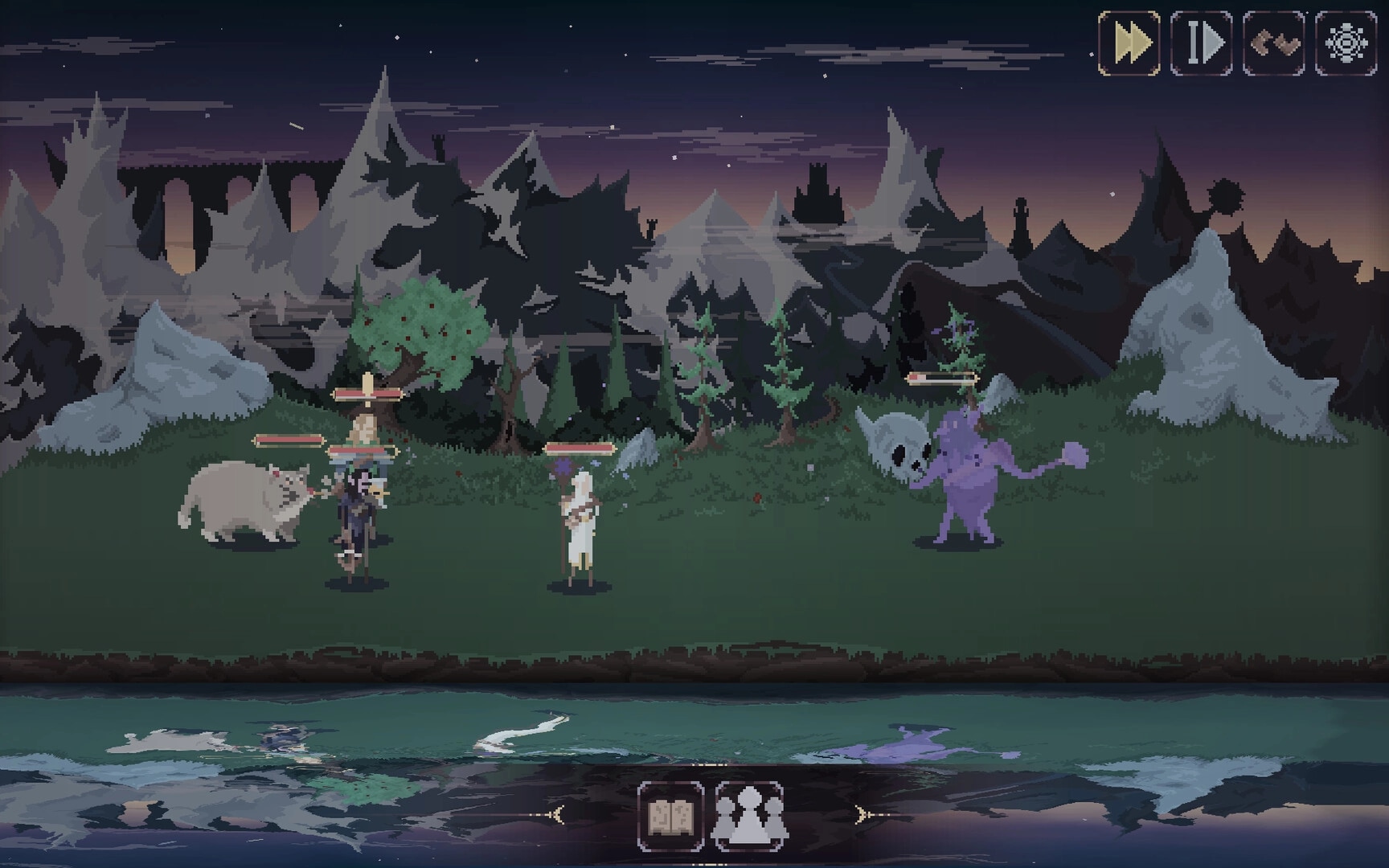 Dark Avos: Party faces purple skull beast in turn combat on grassy field under night mountains UI icons.