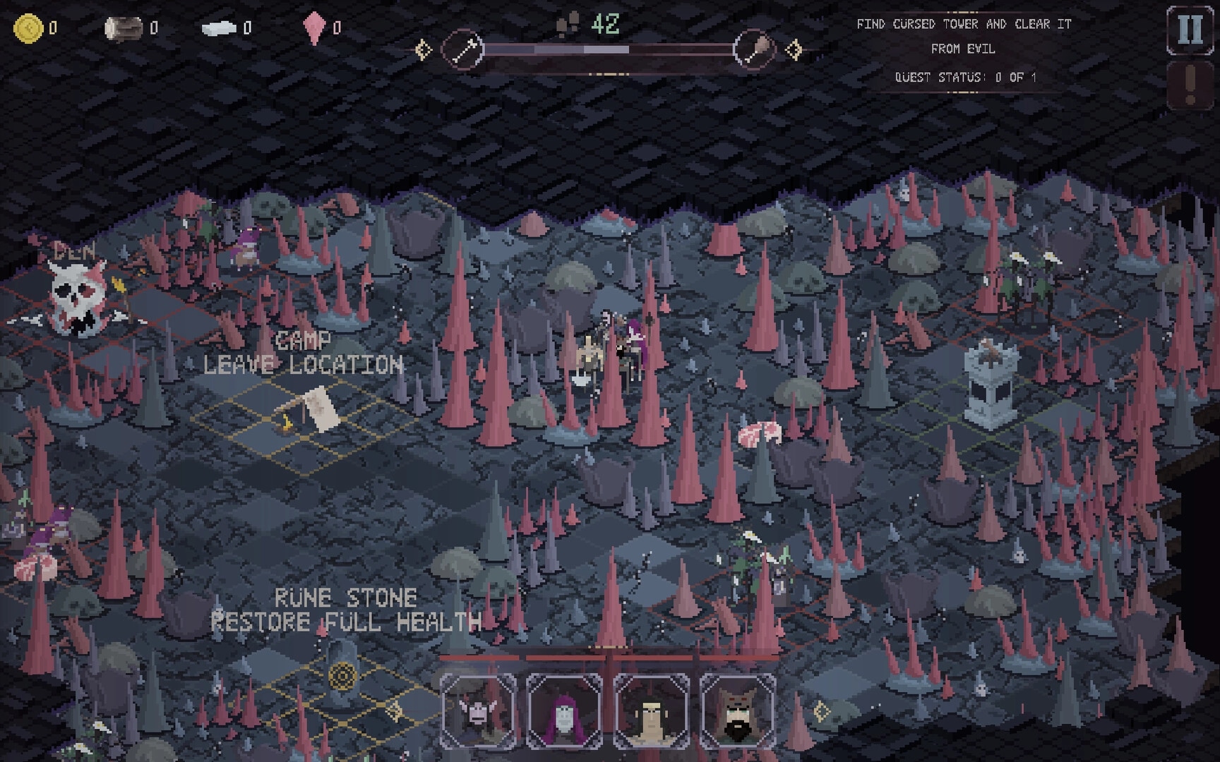 Dark Avos: Party stands by camp exit and rune stone in spiky wasteland, quest banner and HUD visible.